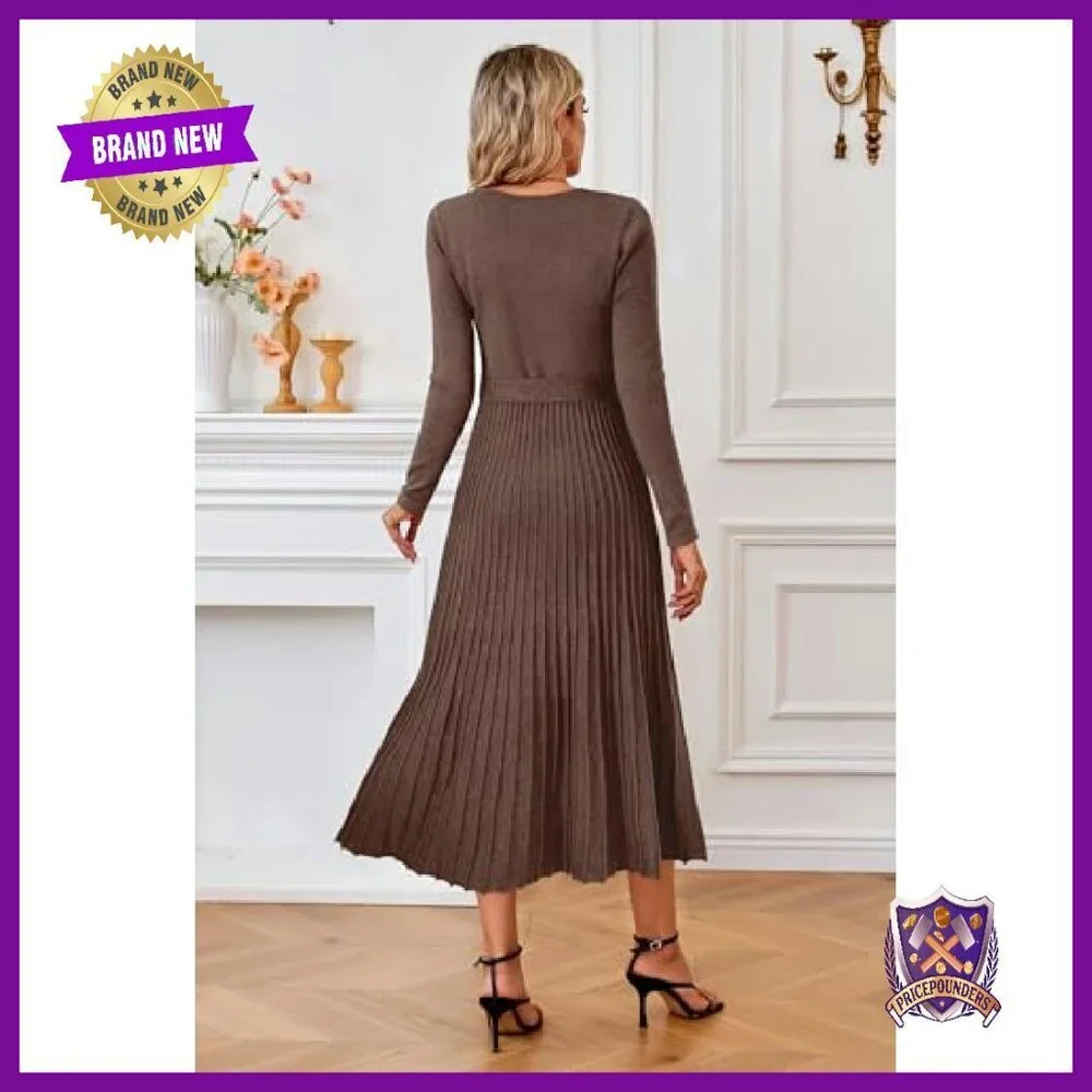 Wool Blend Tie Waist Pleated Sweater Dress Long Sleeve V Neck